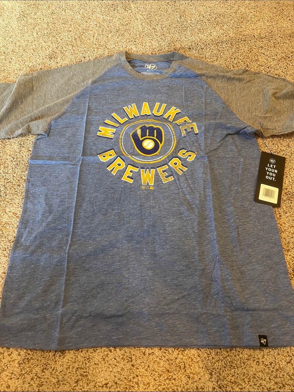 '47 Milwaukee Brewers Blue and Gray Short Sleeve Tee with Yellow Logo